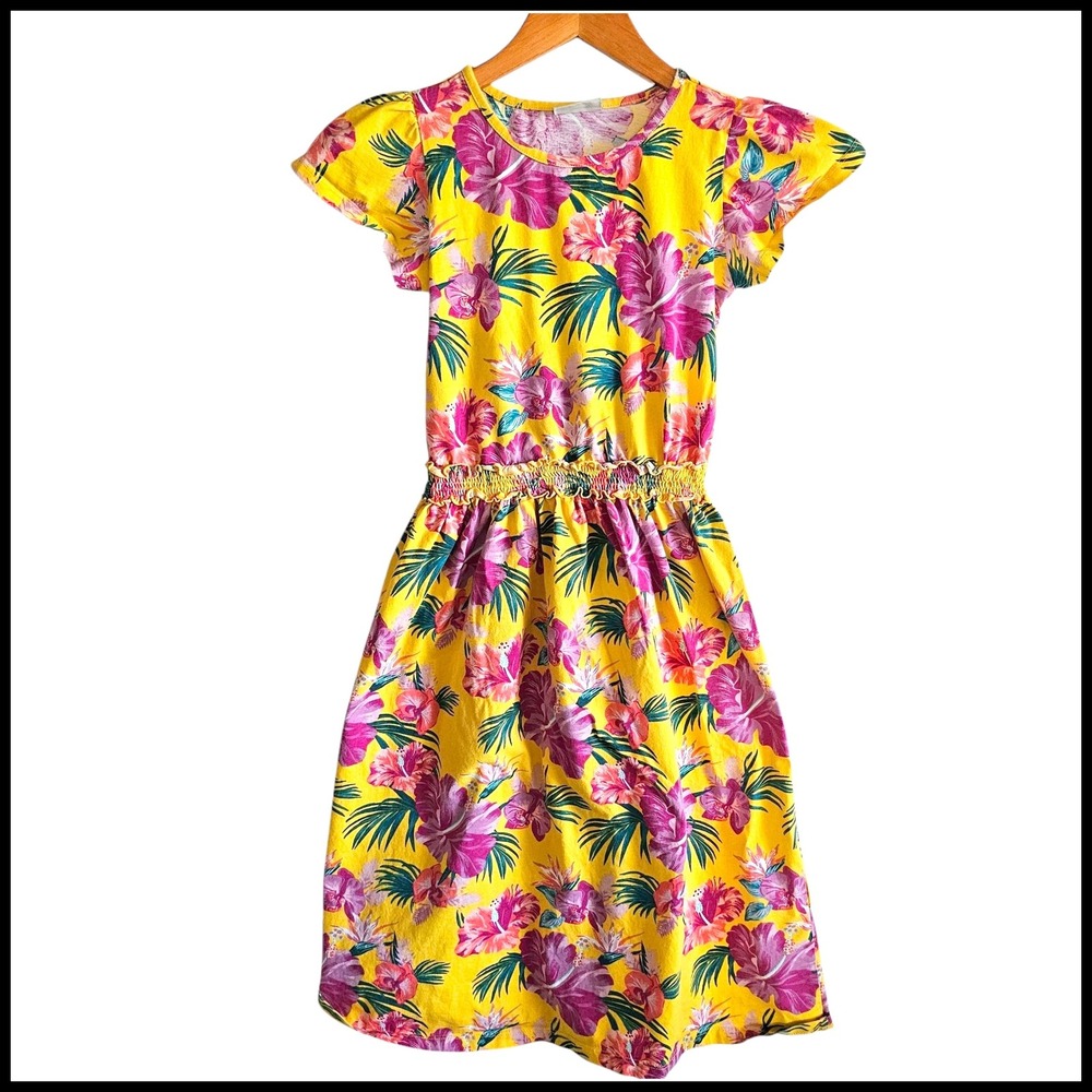LC Waikiki Floral Dress Smocked Waist Girls Yellow Purple Casual 9 10 Years‎